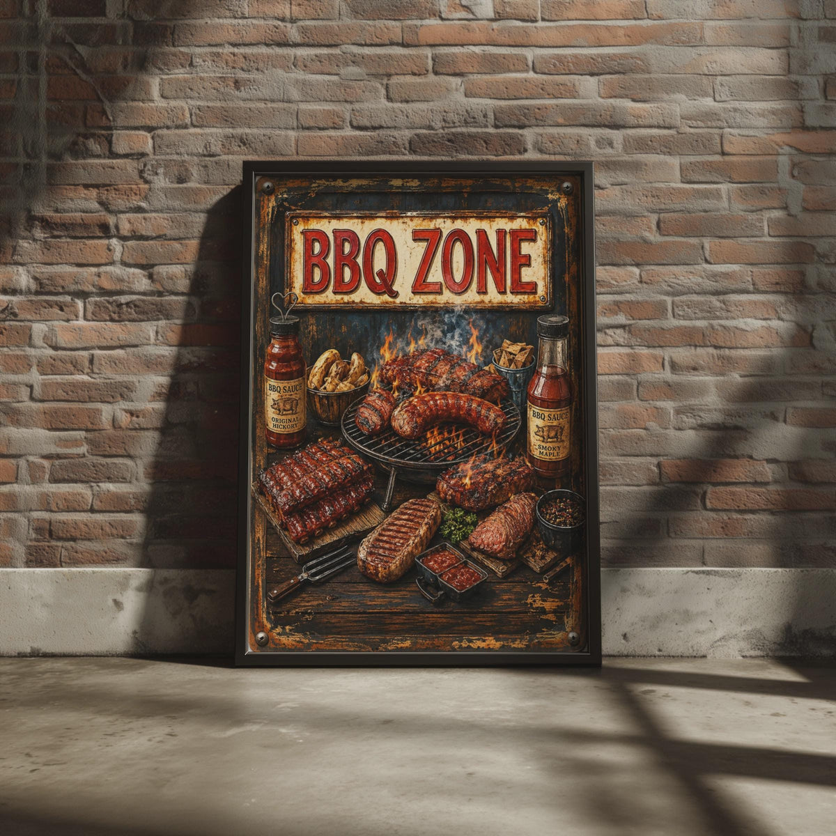 BBQ Zone Retro Grill Poster, Grilled Ribs Sausages, Smoky Maple Sauce (Wall Art Print)