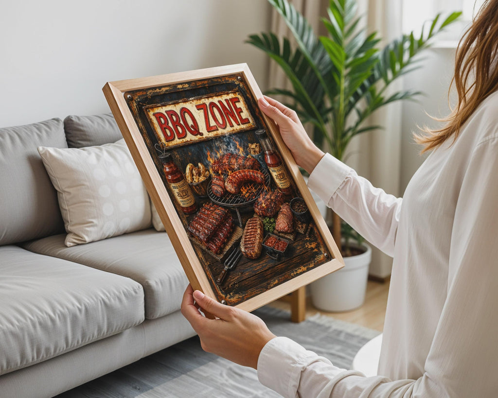 BBQ Zone Retro Grill Poster, Grilled Ribs Sausages, Smoky Maple Sauce (Wall Art Print)