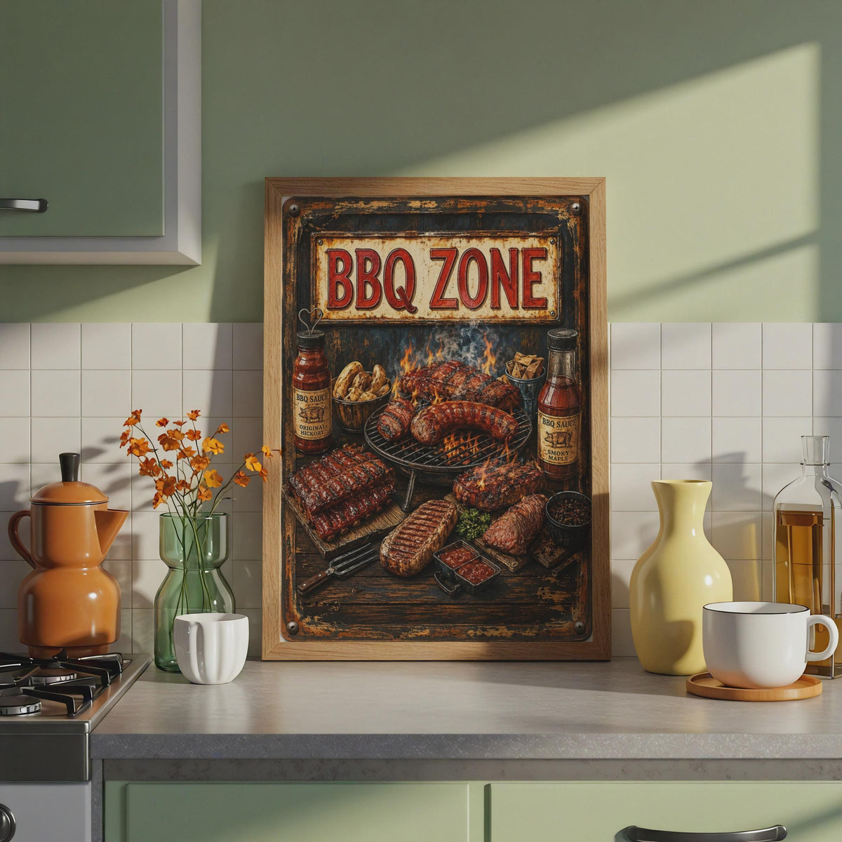 BBQ Zone Retro Grill Poster, Grilled Ribs Sausages, Smoky Maple Sauce (Wall Art Print)