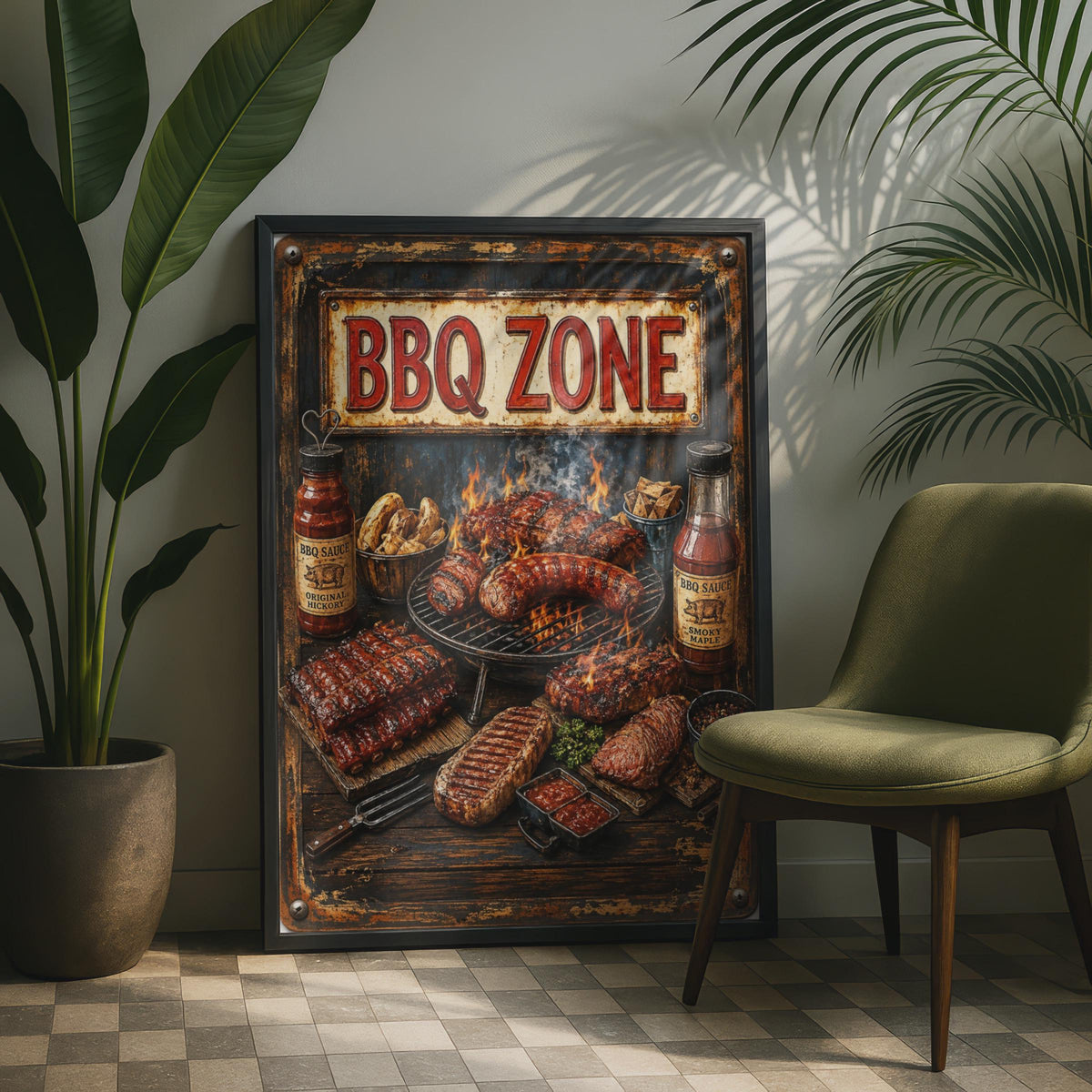 BBQ Zone Retro Grill Poster, Grilled Ribs Sausages, Smoky Maple Sauce (Wall Art Print)