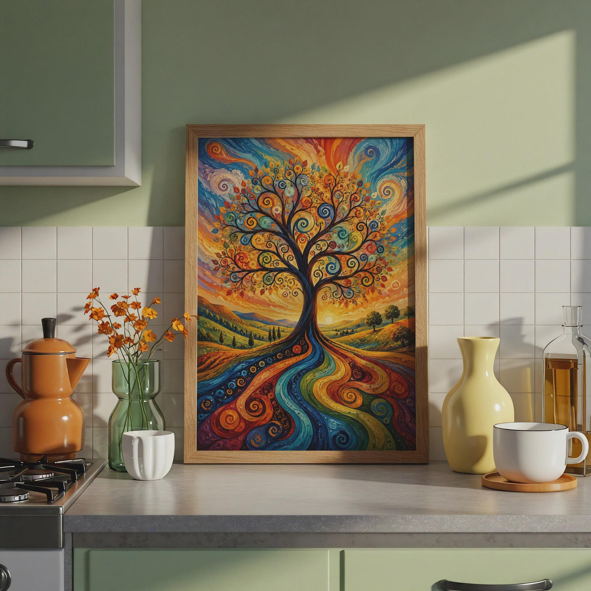 Abstract Retro Tree of Life Print, Psychedelic Swirl Wall Art, Boho Landscape Decor