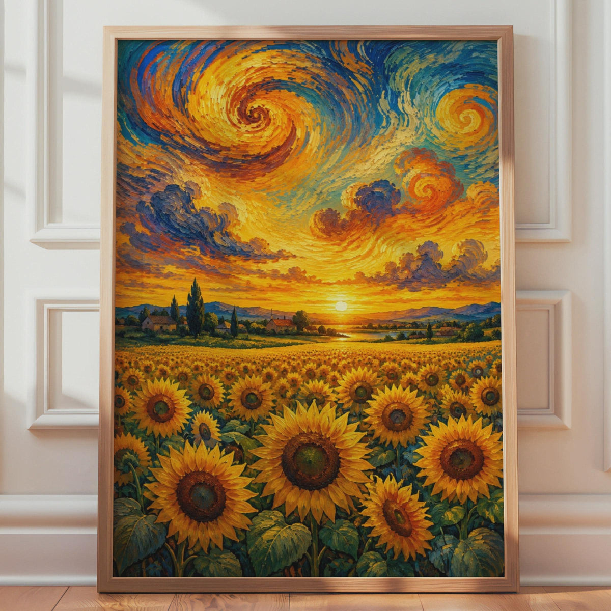 Sunflower Field Poster, Van Gogh Style Swirling Sky Print, Botanical Landscape (Poster)