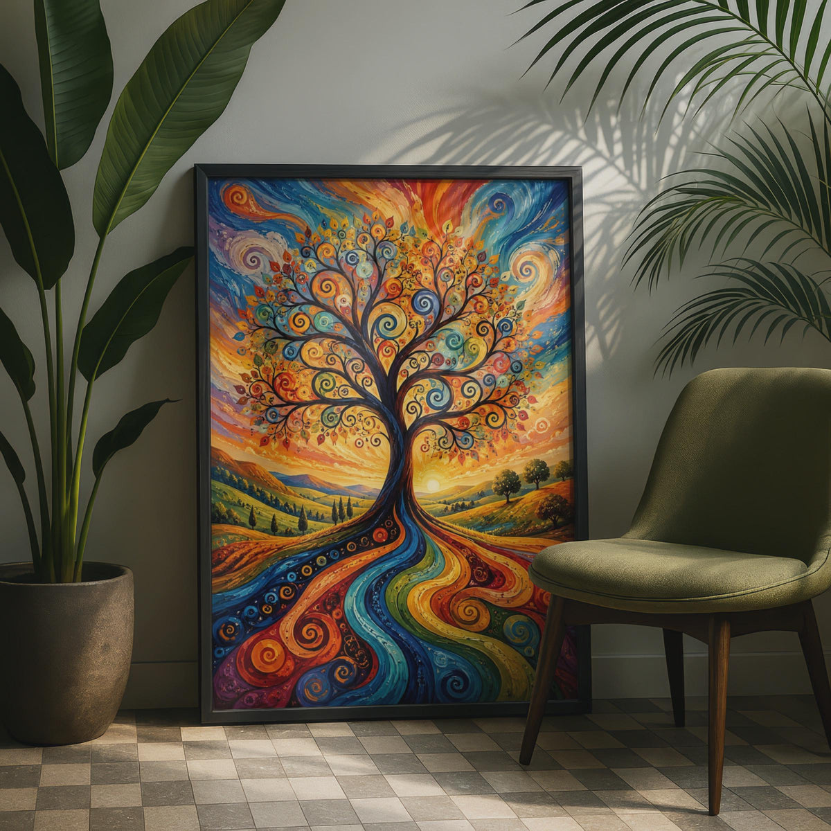 Abstract Retro Tree of Life Print, Psychedelic Swirl Wall Art, Boho Landscape Decor