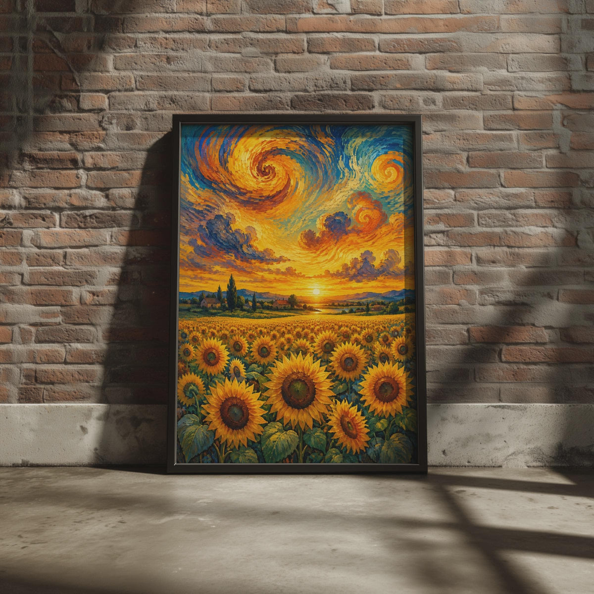 Sunflower Field Poster, Van Gogh Style Swirling Sky Print, Botanical Landscape (Poster)