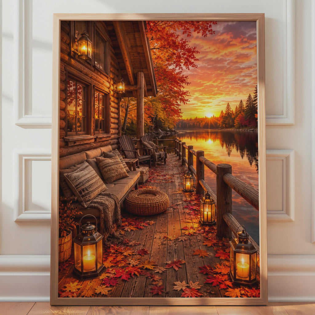 Log Cabin Lakeside Sunset Print, Autumn Fall Foliage Wall Art