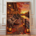 Log Cabin Lakeside Sunset Print, Autumn Fall Foliage Wall Art