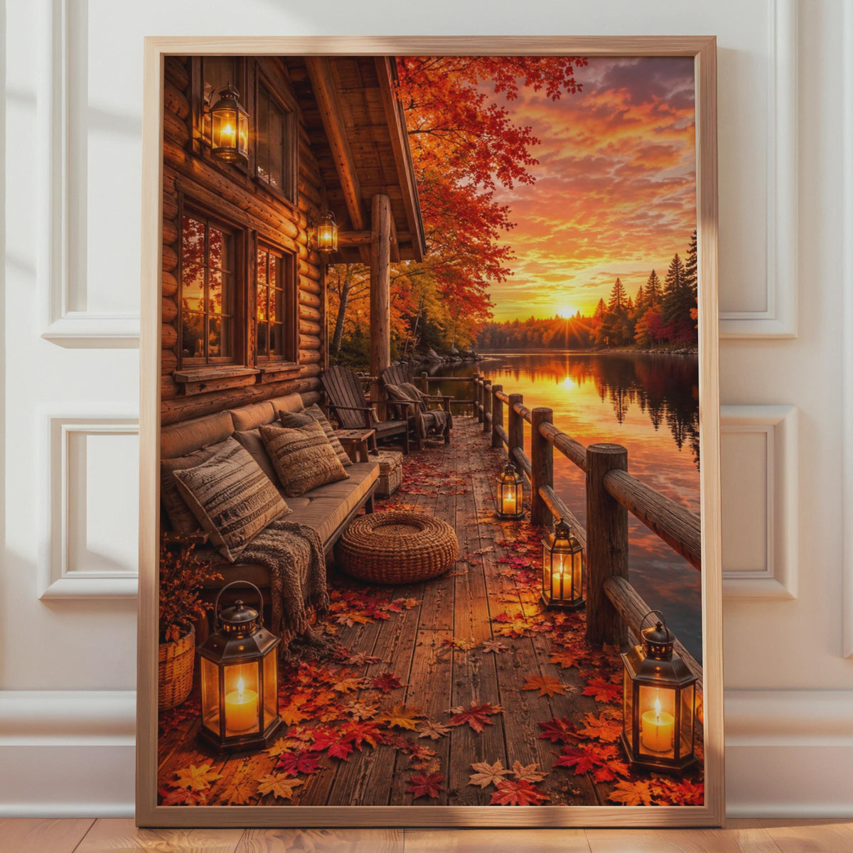 Log Cabin Lakeside Sunset Print, Autumn Fall Foliage Wall Art