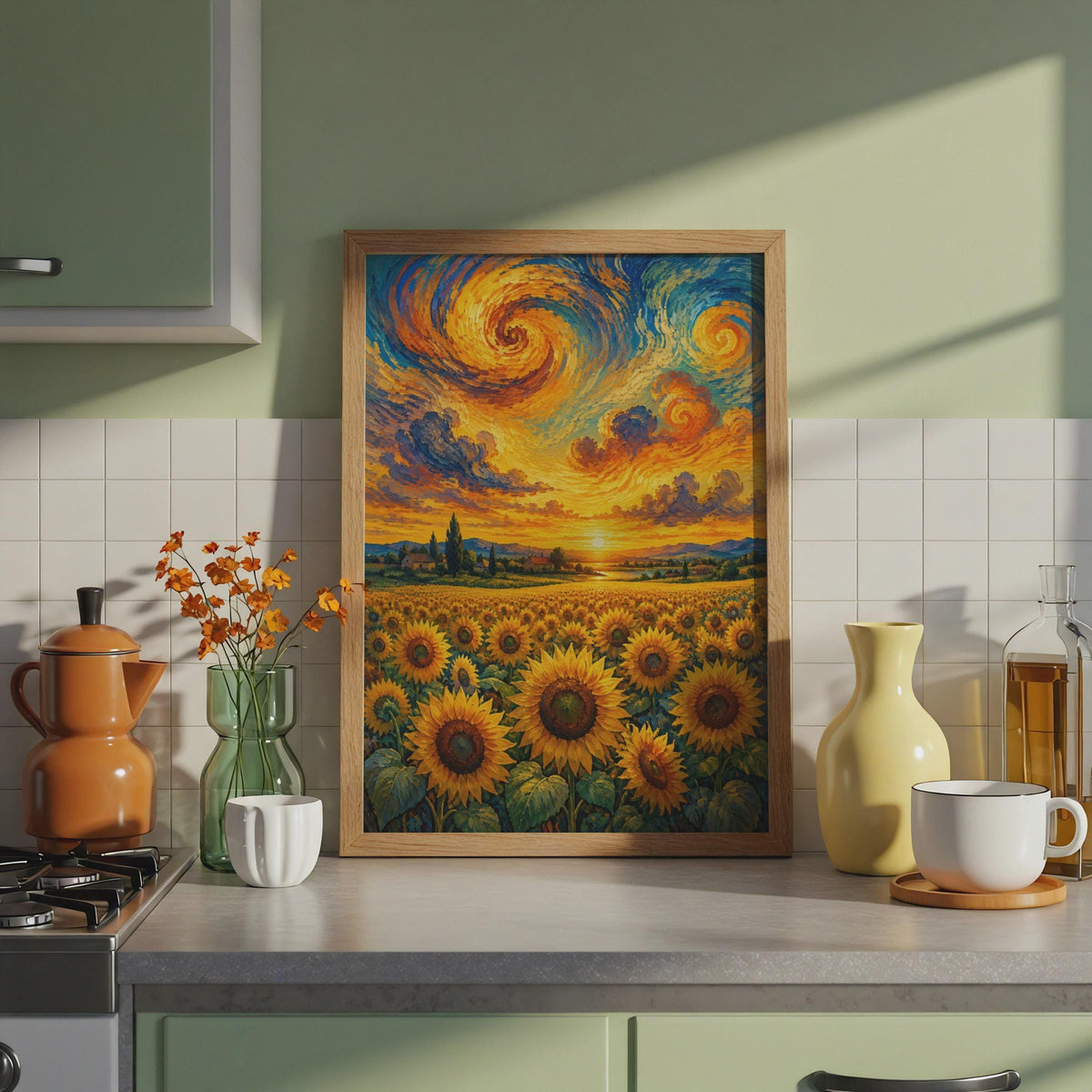 Sunflower Field Poster, Van Gogh Style Swirling Sky Print, Botanical Landscape (Poster)
