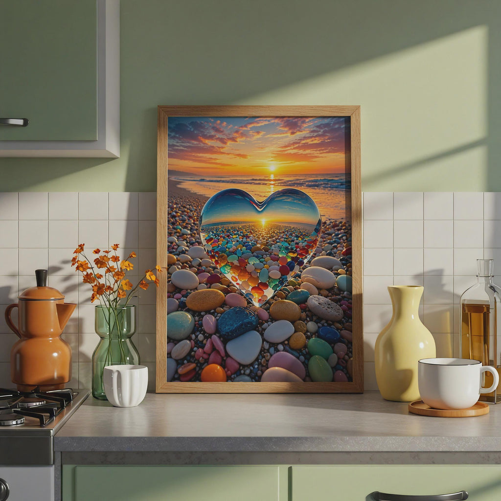 Glass Heart Pebble Beach Sunset Poster, Coastal Love Wall Art (Physical Print)