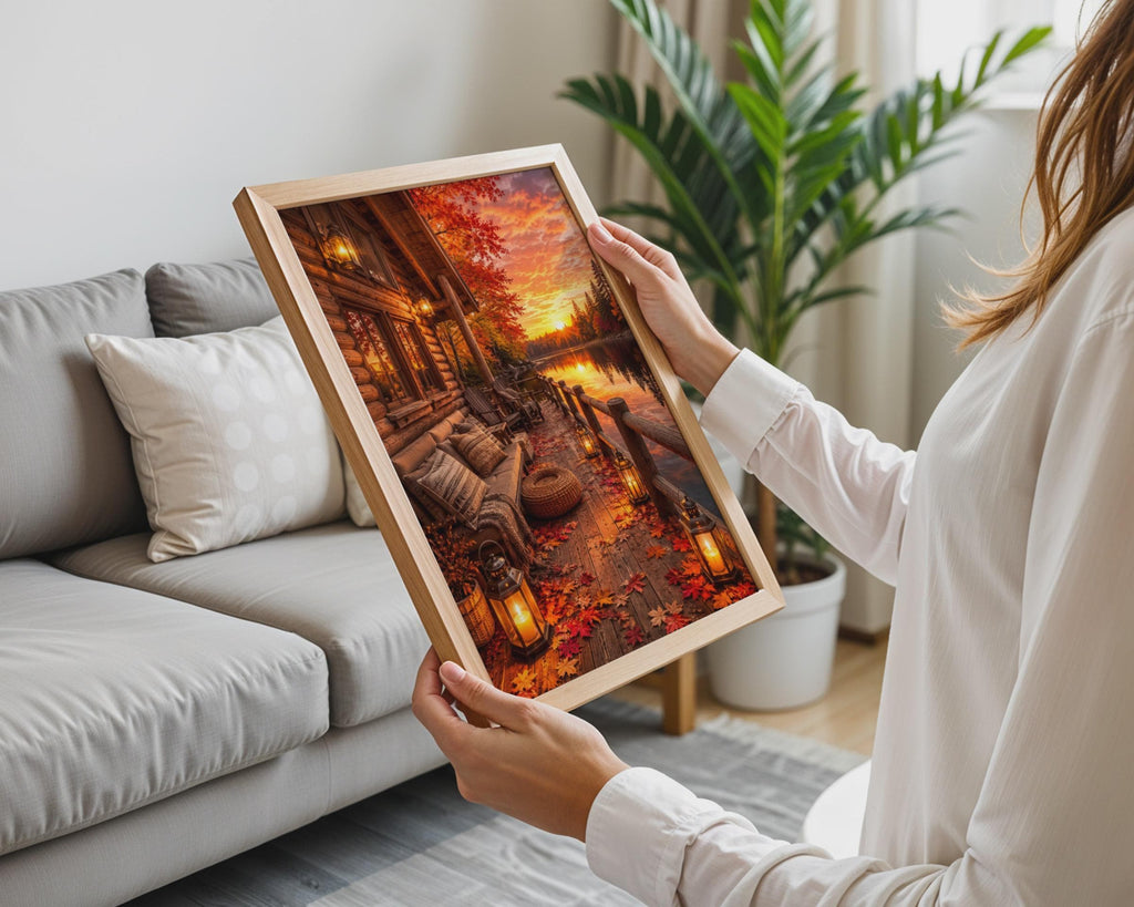 Log Cabin Lakeside Sunset Print, Autumn Fall Foliage Wall Art