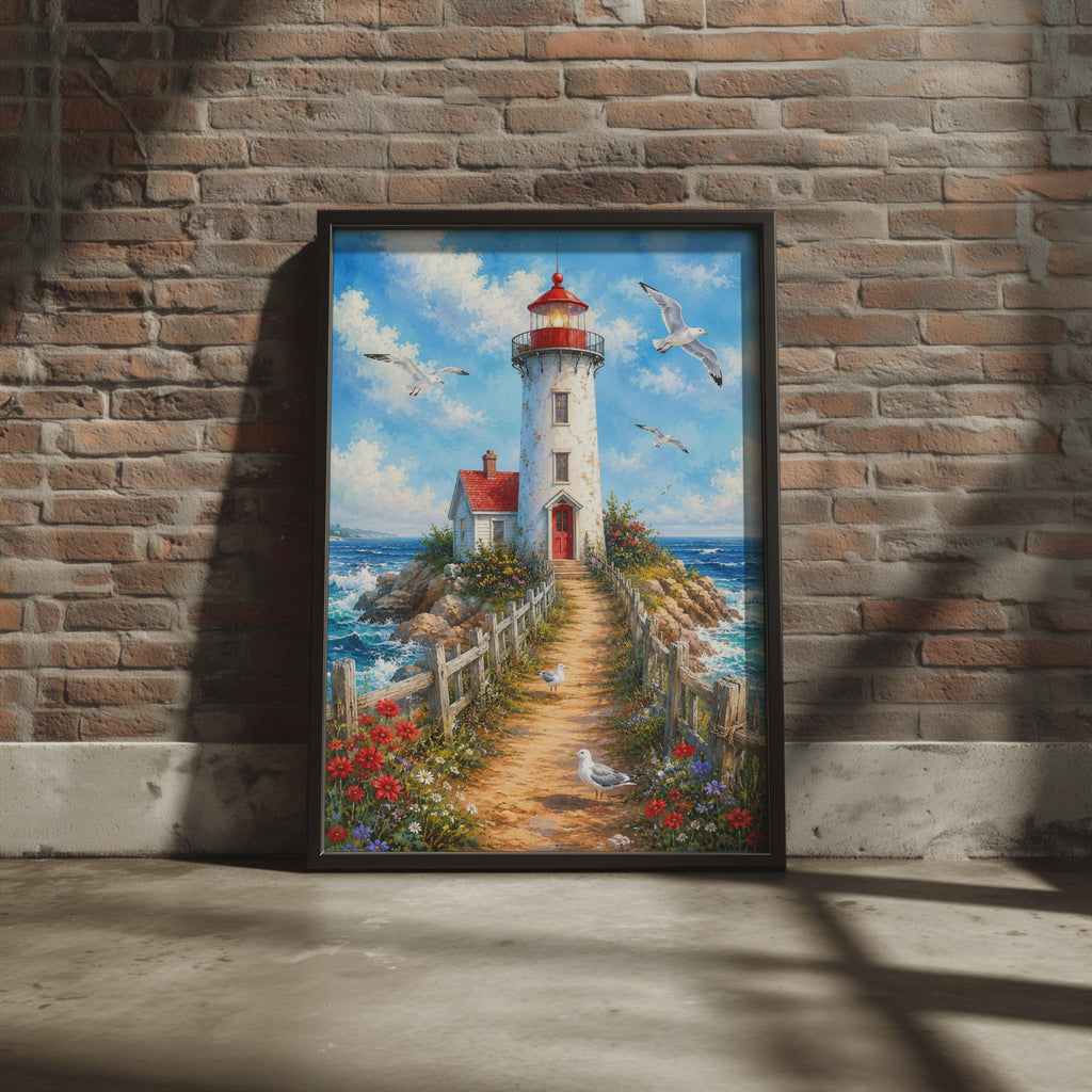 Lighthouse Coastal Wall Art, Seaside Seagull Print, Nautical Home Decor (Ready to Frame)