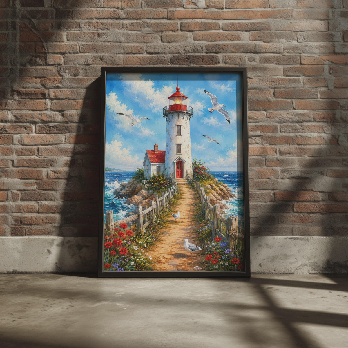 Lighthouse Coastal Wall Art, Seaside Seagull Print, Nautical Home Decor (Ready to Frame)