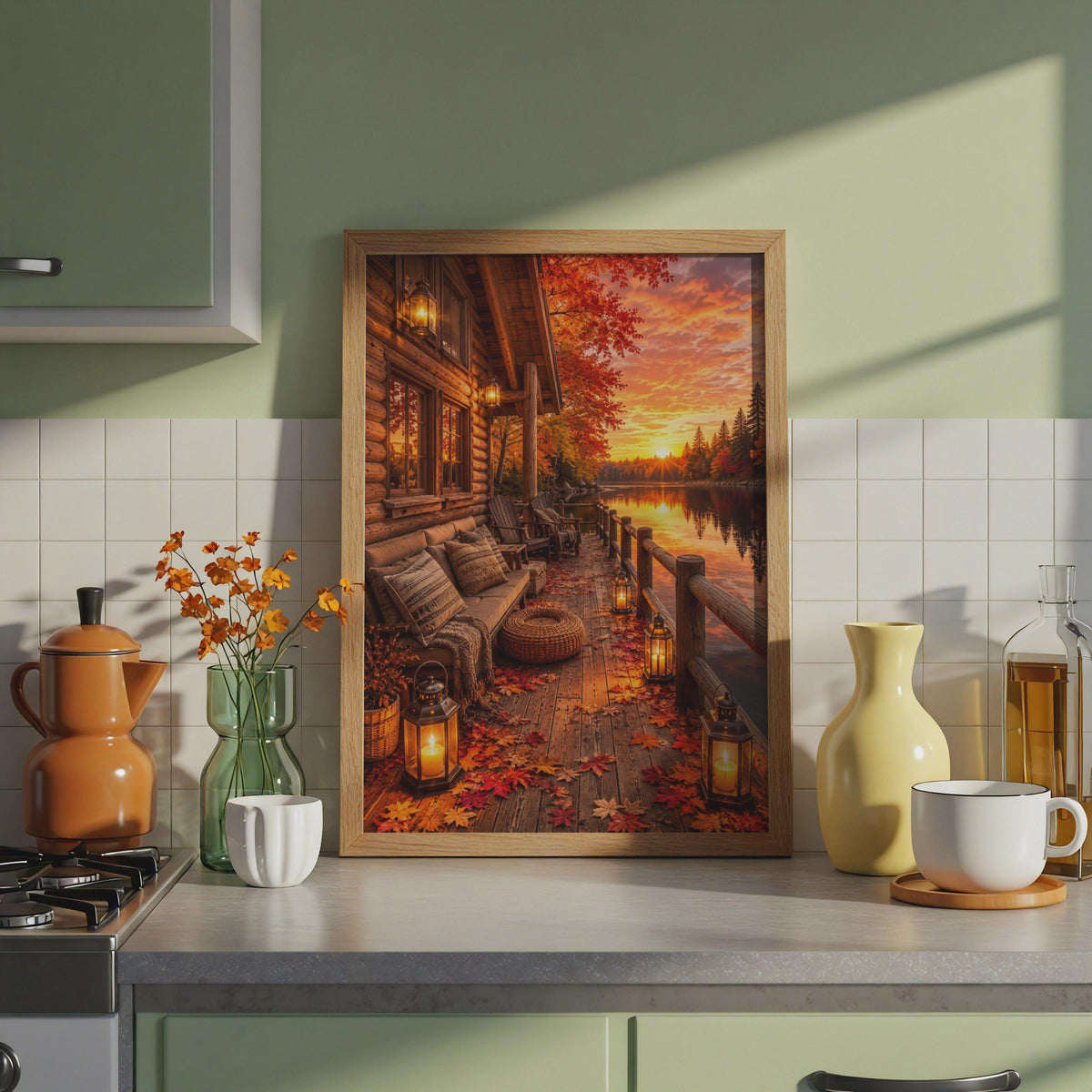 Log Cabin Lakeside Sunset Print, Autumn Fall Foliage Wall Art