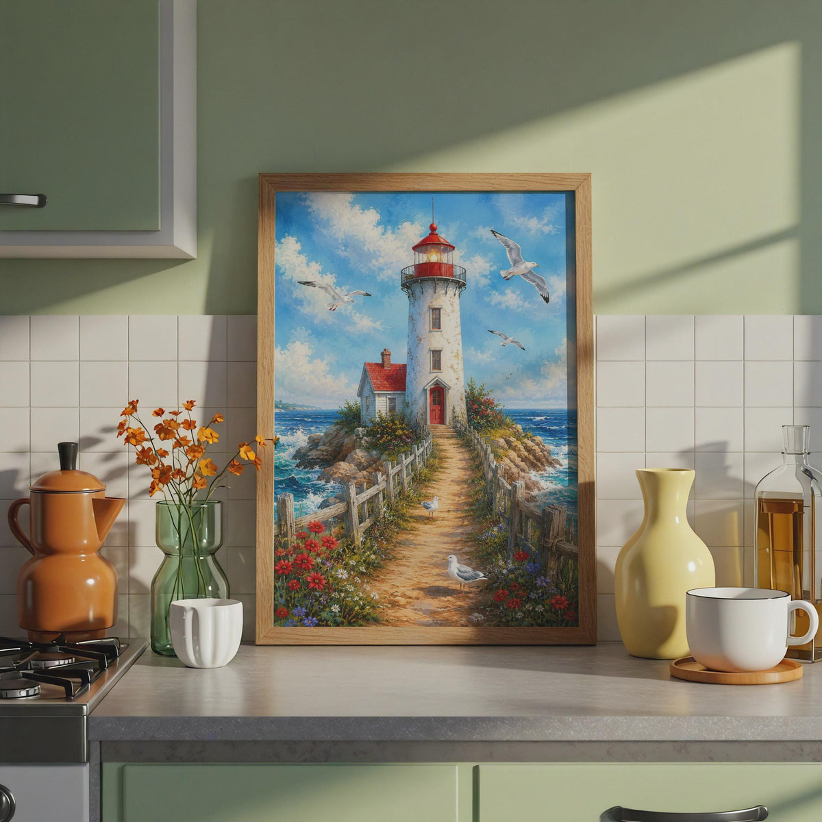 Lighthouse Coastal Wall Art, Seaside Seagull Print, Nautical Home Decor (Ready to Frame)