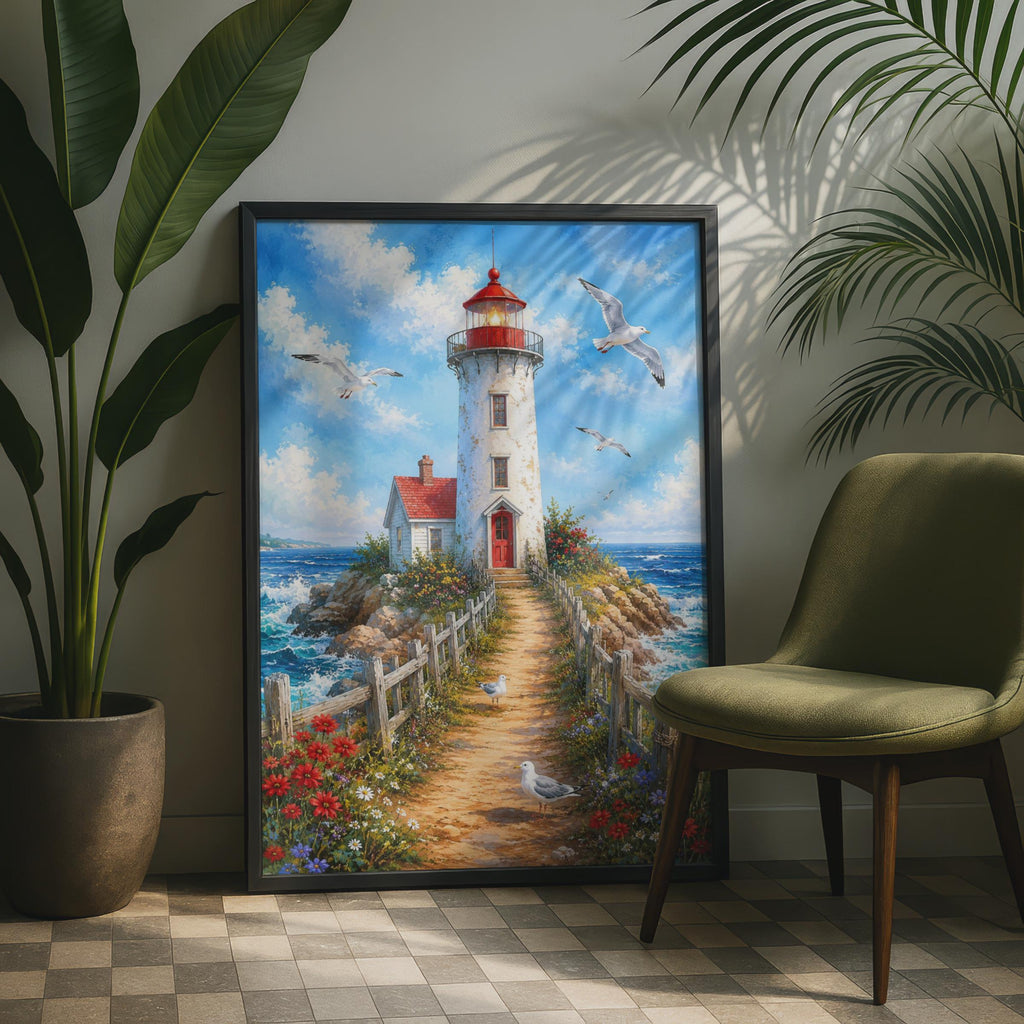 Lighthouse Coastal Wall Art, Seaside Seagull Print, Nautical Home Decor (Ready to Frame)
