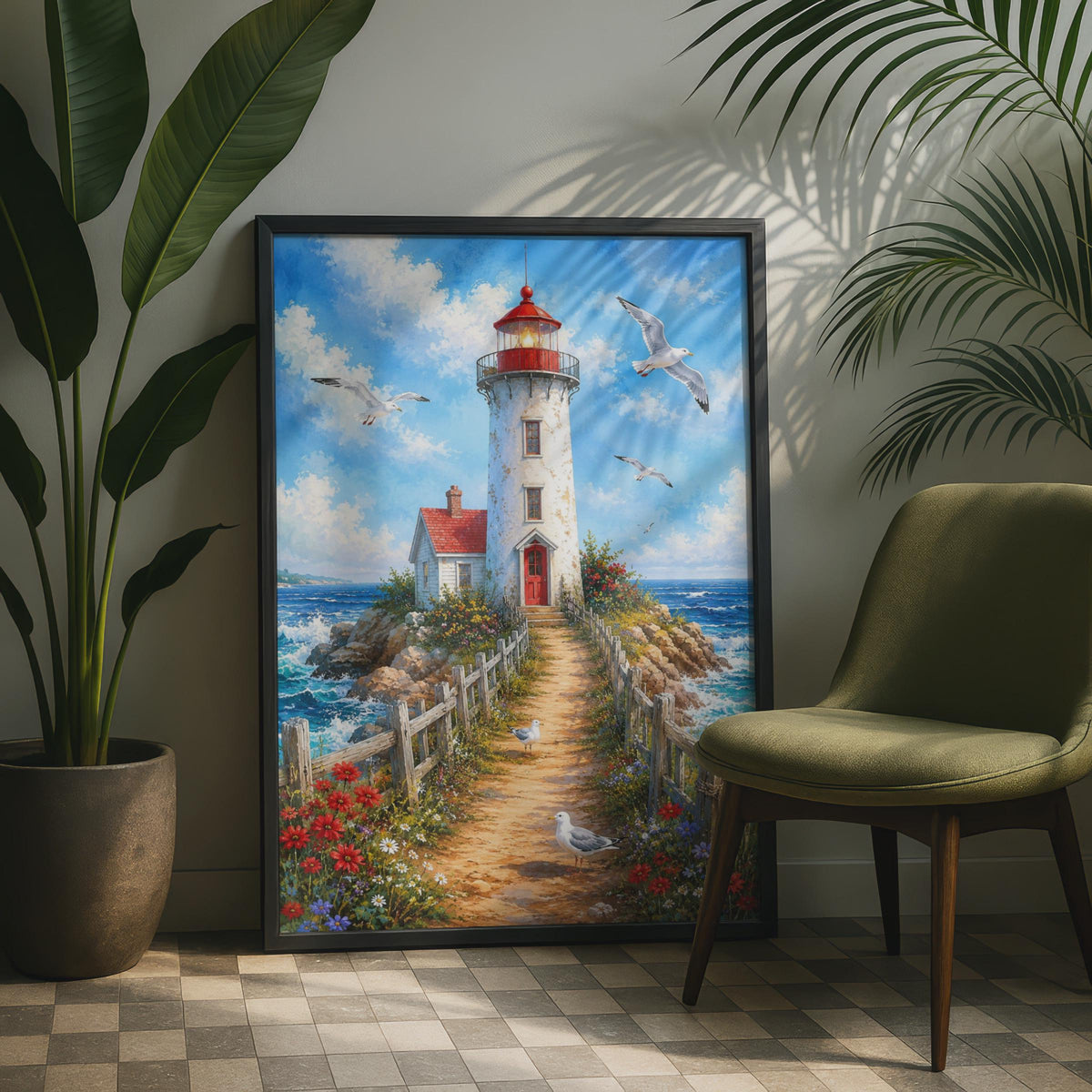 Lighthouse Coastal Wall Art, Seaside Seagull Print, Nautical Home Decor (Ready to Frame)