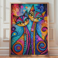 Vibrant Folk Art Cats Print, Boho Whimsical Maximalist Wall Art