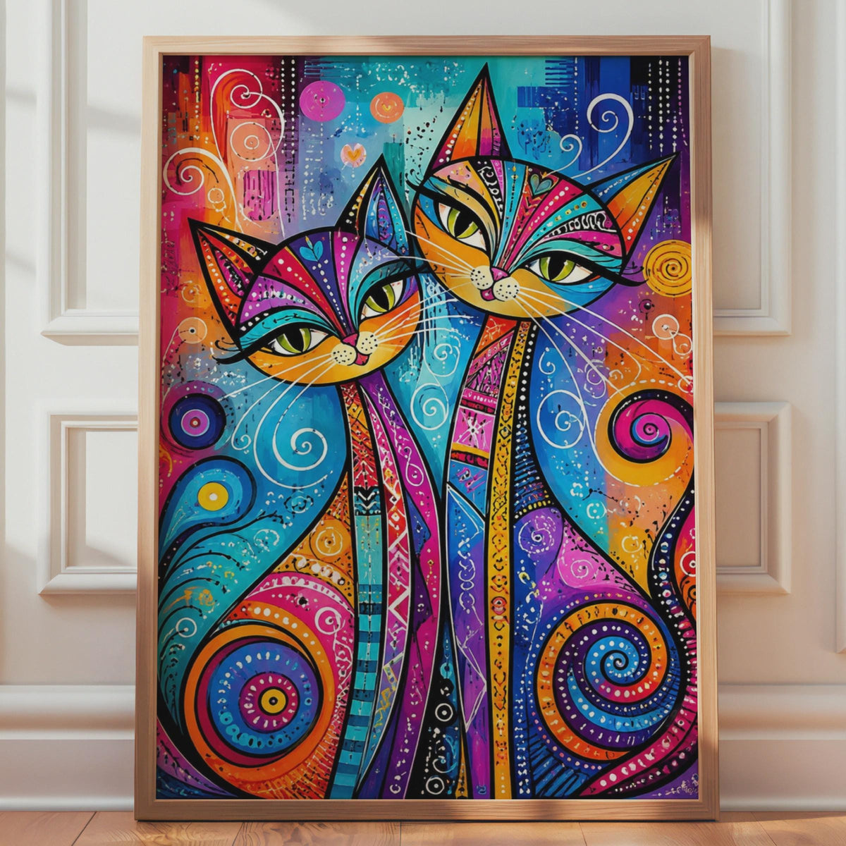 Vibrant Folk Art Cats Print, Boho Whimsical Maximalist Wall Art