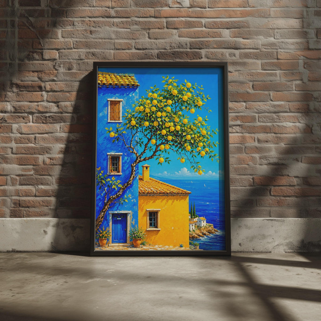 Lemon Tree Coastal House Print, Mediterranean Sea View, Italian Village Wall Art