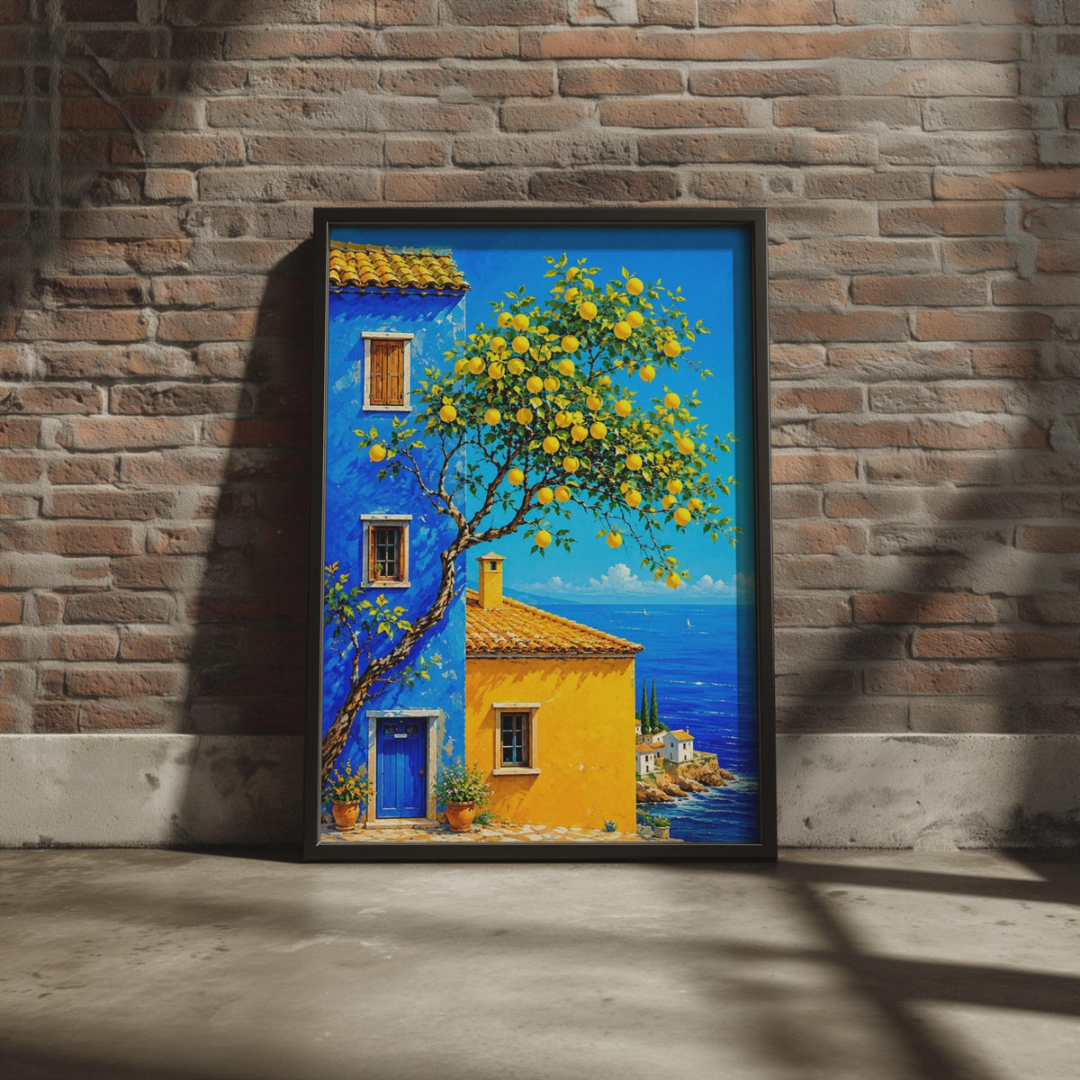 Lemon Tree Coastal House Print, Mediterranean Sea View, Italian Village Wall Art