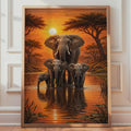 Elephant Family Safari Sunset Print, African Savanna Wildlife Wall Art