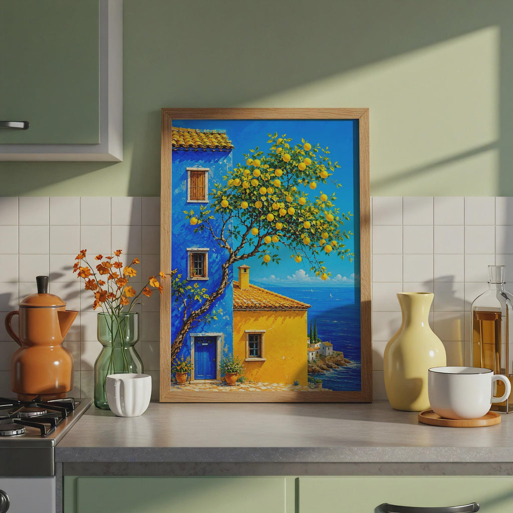 Lemon Tree Coastal House Print, Mediterranean Sea View, Italian Village Wall Art