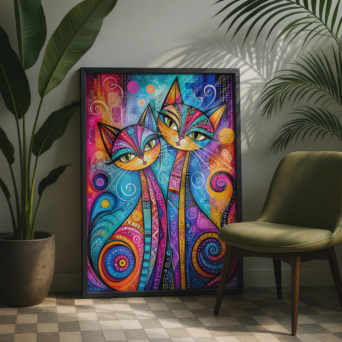 Vibrant Folk Art Cats Print, Boho Whimsical Maximalist Wall Art