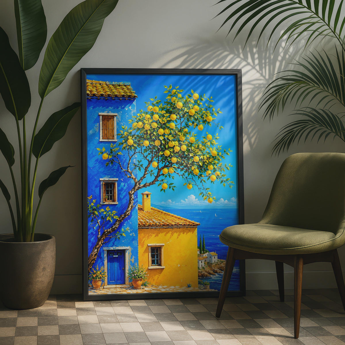 Lemon Tree Coastal House Print, Mediterranean Sea View, Italian Village Wall Art