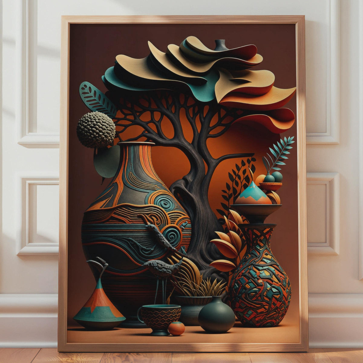 African Vases Tribal Pottery Print, Boho Terracotta Ethnic Wall Art