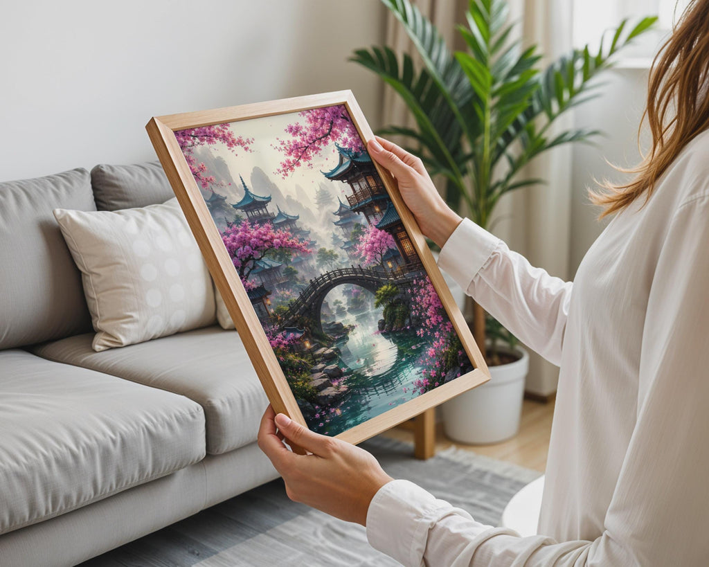Japanese Bridge Cherry Blossom Print, Asian Pagoda Landscape Wall Art