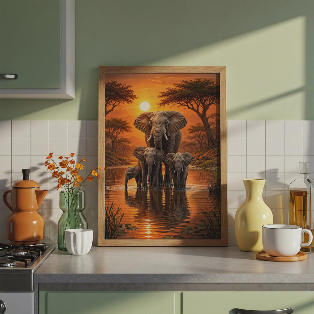 Elephant Family Safari Sunset Print, African Savanna Wildlife Wall Art