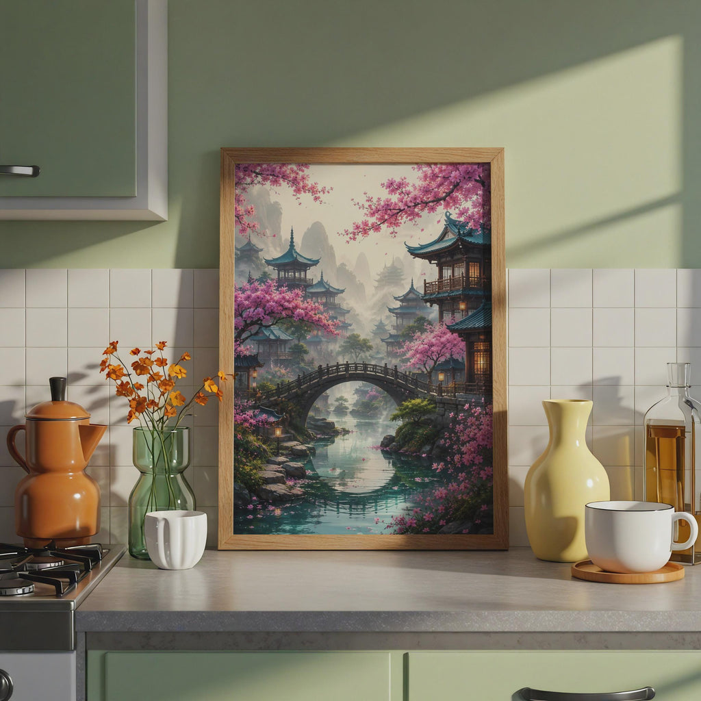 Japanese Bridge Cherry Blossom Print, Asian Pagoda Landscape Wall Art