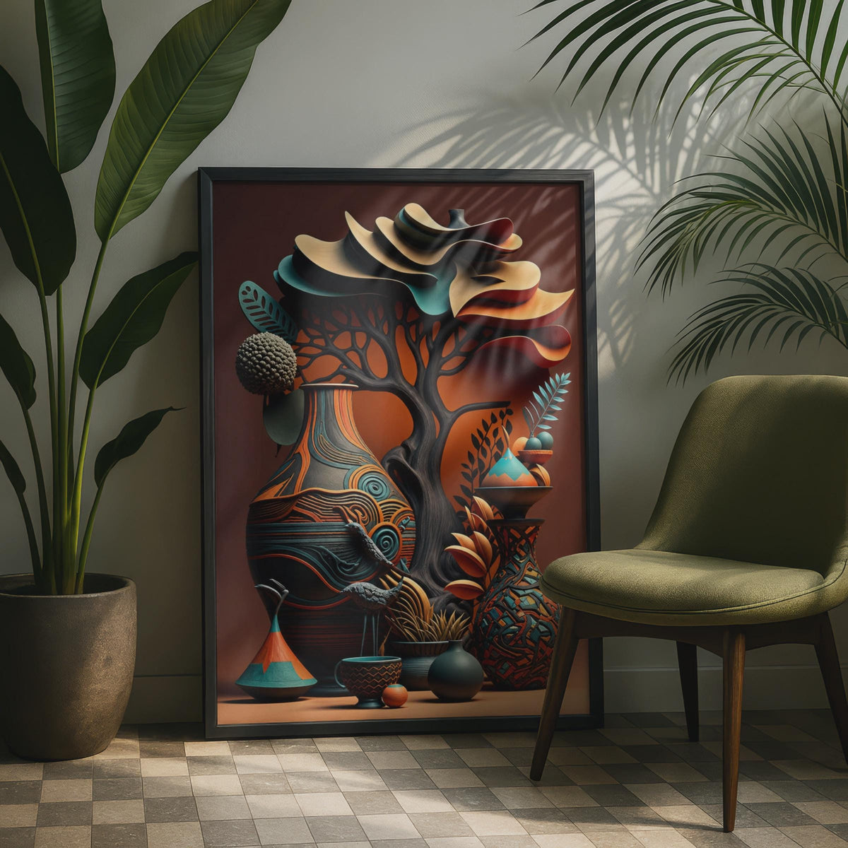 African Vases Tribal Pottery Print, Boho Terracotta Ethnic Wall Art