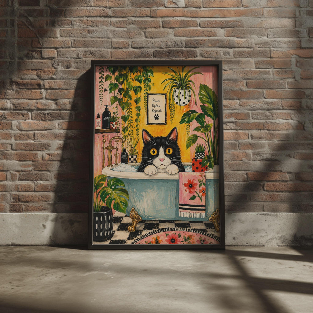 Tuxedo Cat Bath Print, Botanical Maximalist Wall Art, Quirky Cat Lover Decor