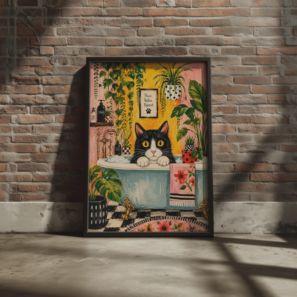 Tuxedo Cat Bath Print, Botanical Maximalist Wall Art, Quirky Cat Lover Decor