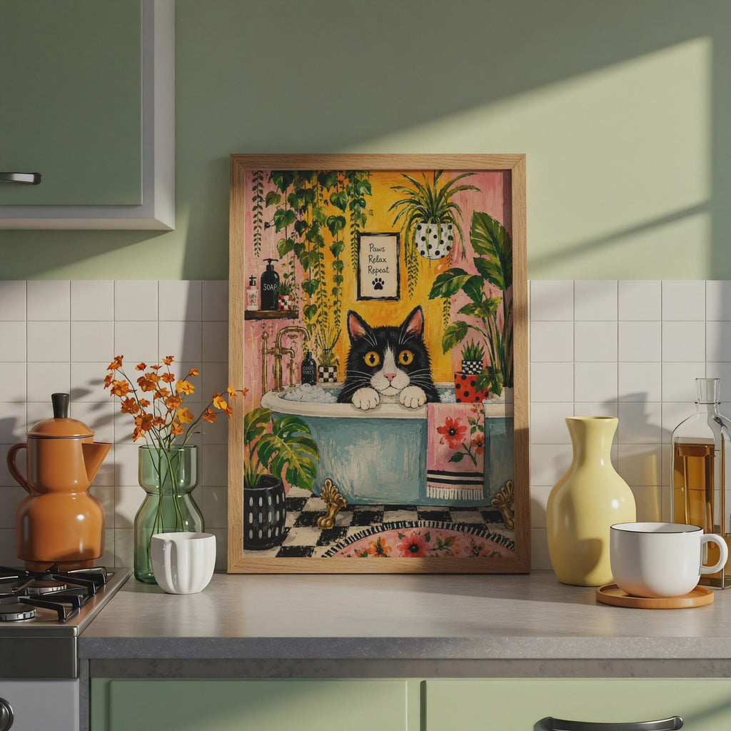 Tuxedo Cat Bath Print, Botanical Maximalist Wall Art, Quirky Cat Lover Decor