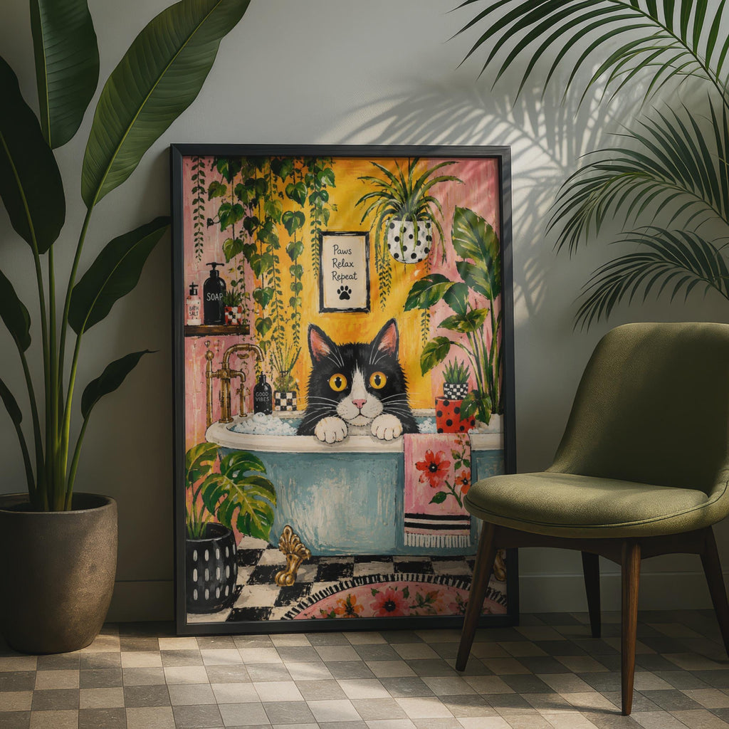 Tuxedo Cat Bath Print, Botanical Maximalist Wall Art, Quirky Cat Lover Decor