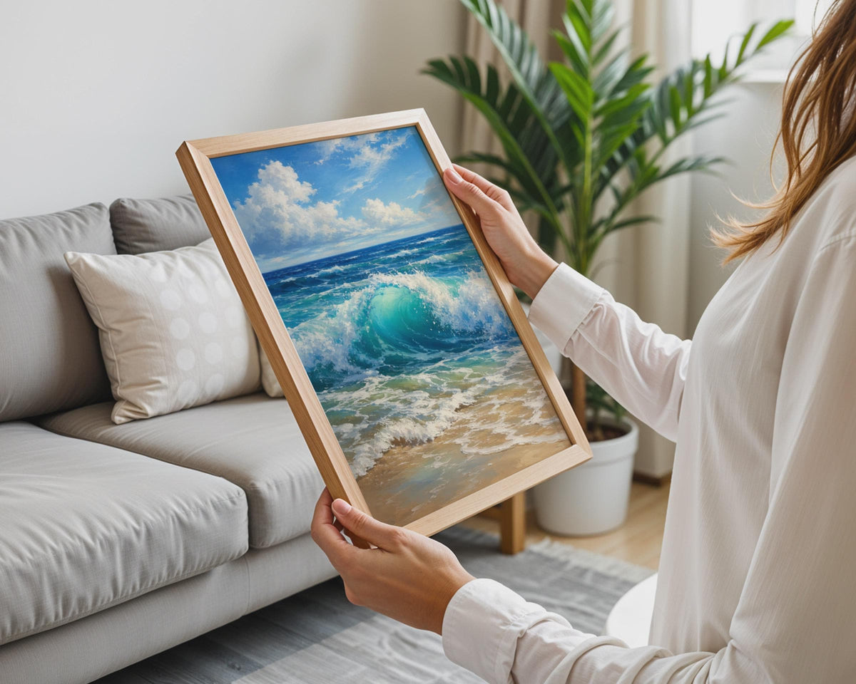 Crashing Ocean Wave Print, Teal Seascape Wall Art, Coastal Beach Decor, Oil Painting Style