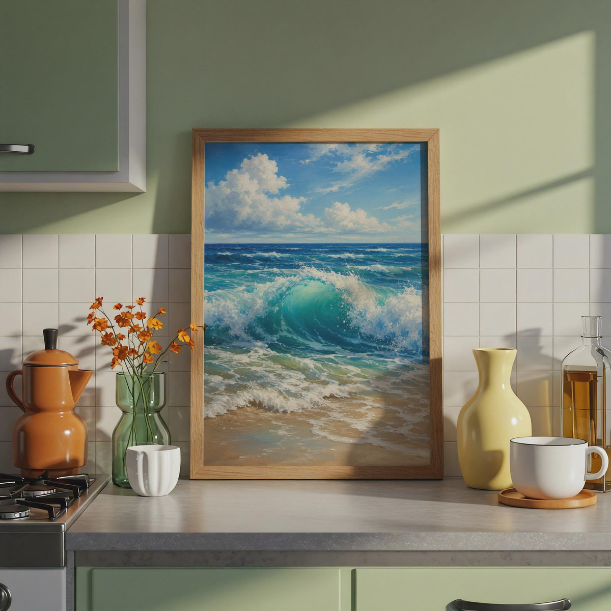 Crashing Ocean Wave Print, Teal Seascape Wall Art, Coastal Beach Decor, Oil Painting Style