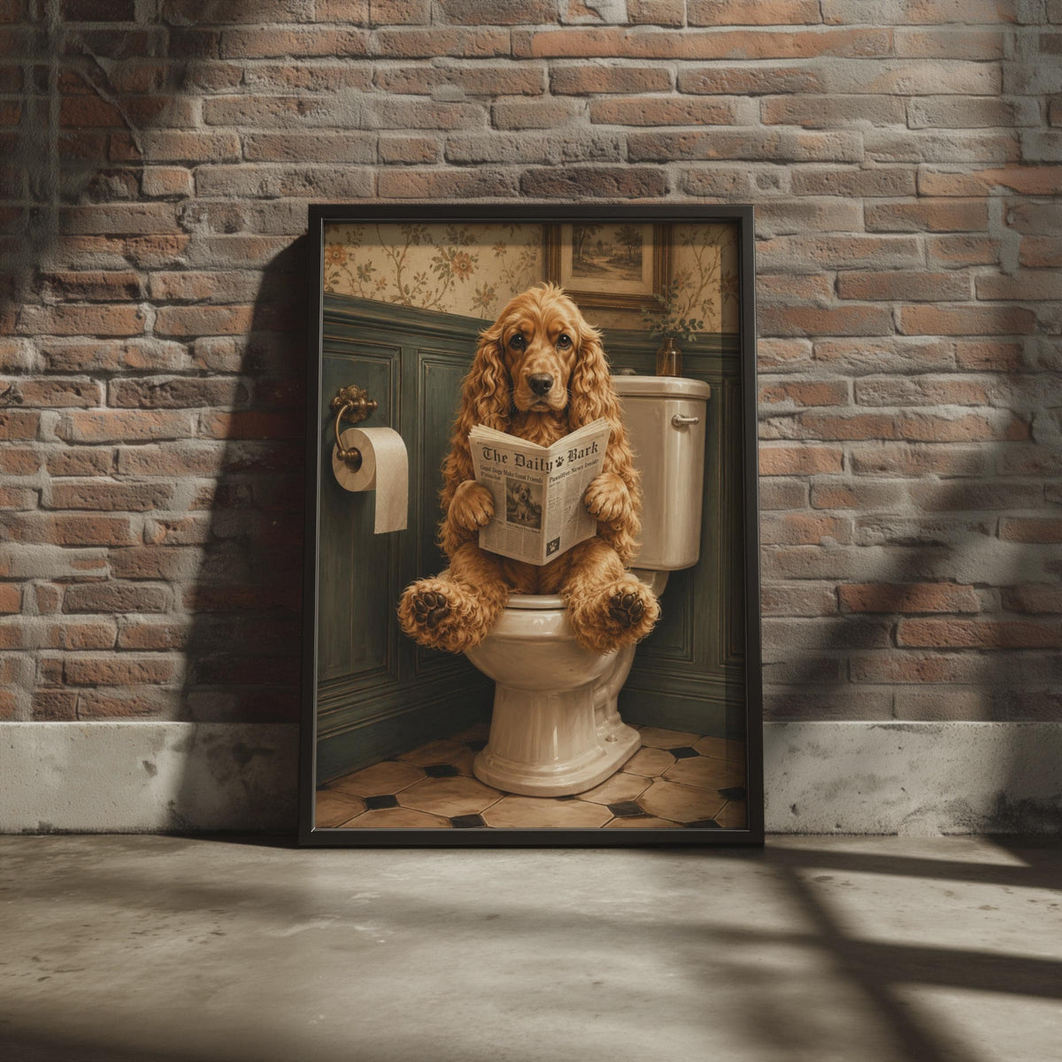 Cocker Spaniel Dog Reading Newspaper Bathroom Art Print, Humorous Pet Wall Decor