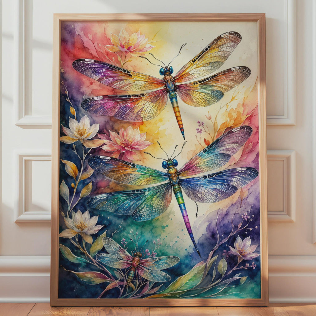 Iridescent Dragonfly Watercolour Poster, Rainbow Wings, Floral Botanical Art (Print)