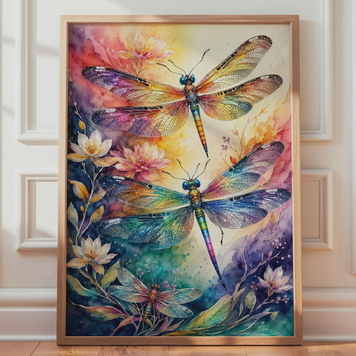 Iridescent Dragonfly Watercolour Poster, Rainbow Wings, Floral Botanical Art (Print)