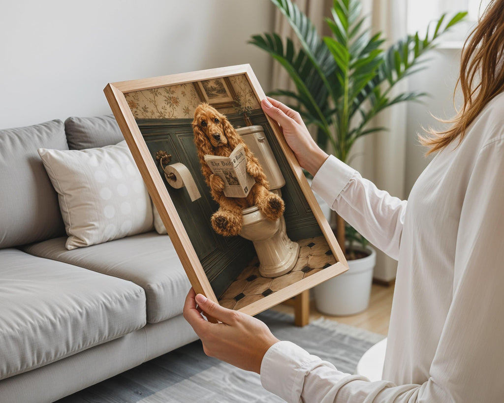 Cocker Spaniel Dog Reading Newspaper Bathroom Art Print, Humorous Pet Wall Decor