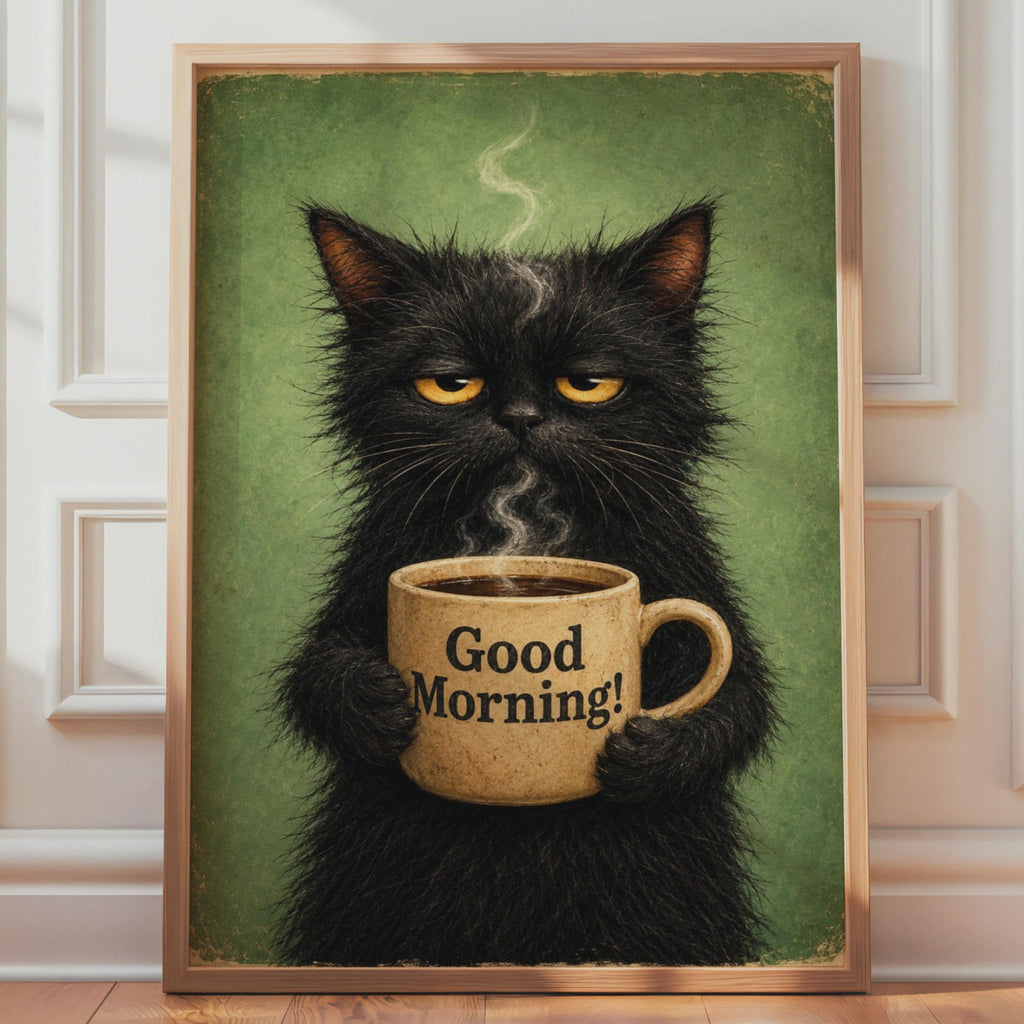 Grumpy Black Cat Coffee Poster, Vintage Style Humour Kitchen Print