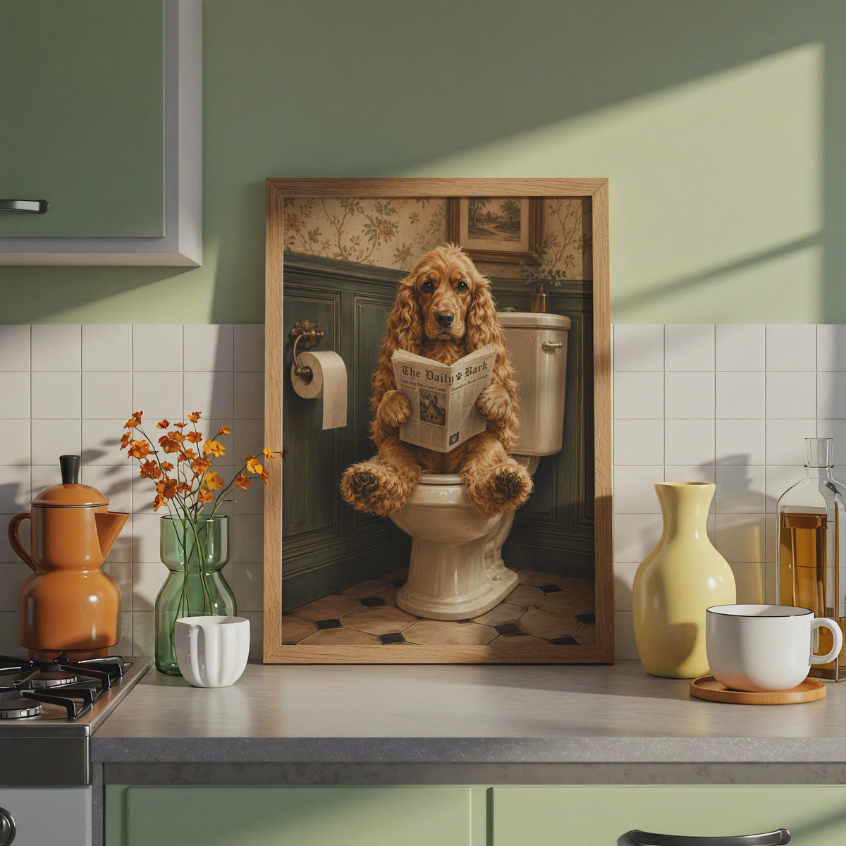 Cocker Spaniel Dog Reading Newspaper Bathroom Art Print, Humorous Pet Wall Decor