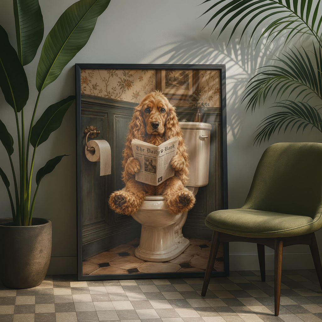Cocker Spaniel Dog Reading Newspaper Bathroom Art Print, Humorous Pet Wall Decor