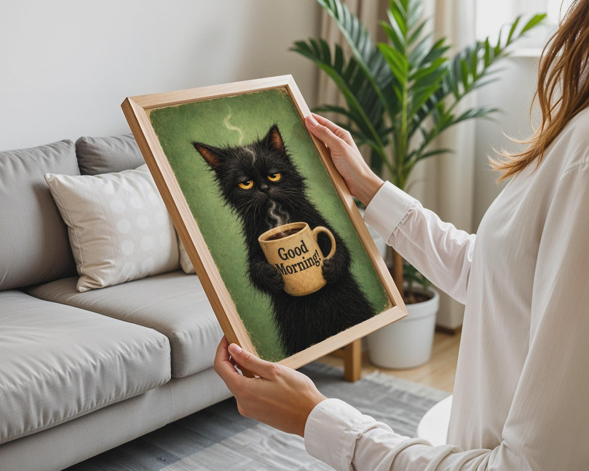 Grumpy Black Cat Coffee Poster, Vintage Style Humour Kitchen Print