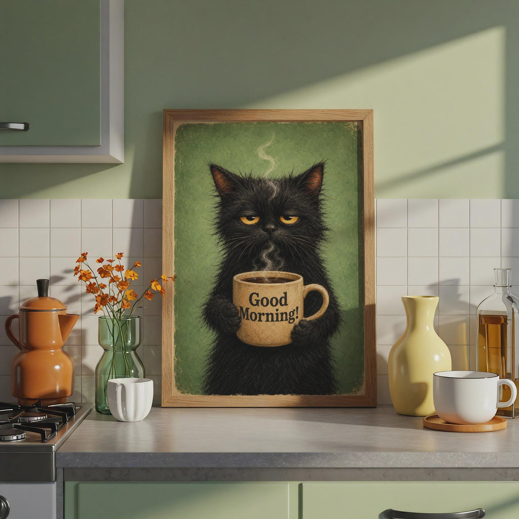 Grumpy Black Cat Coffee Poster, Vintage Style Humour Kitchen Print