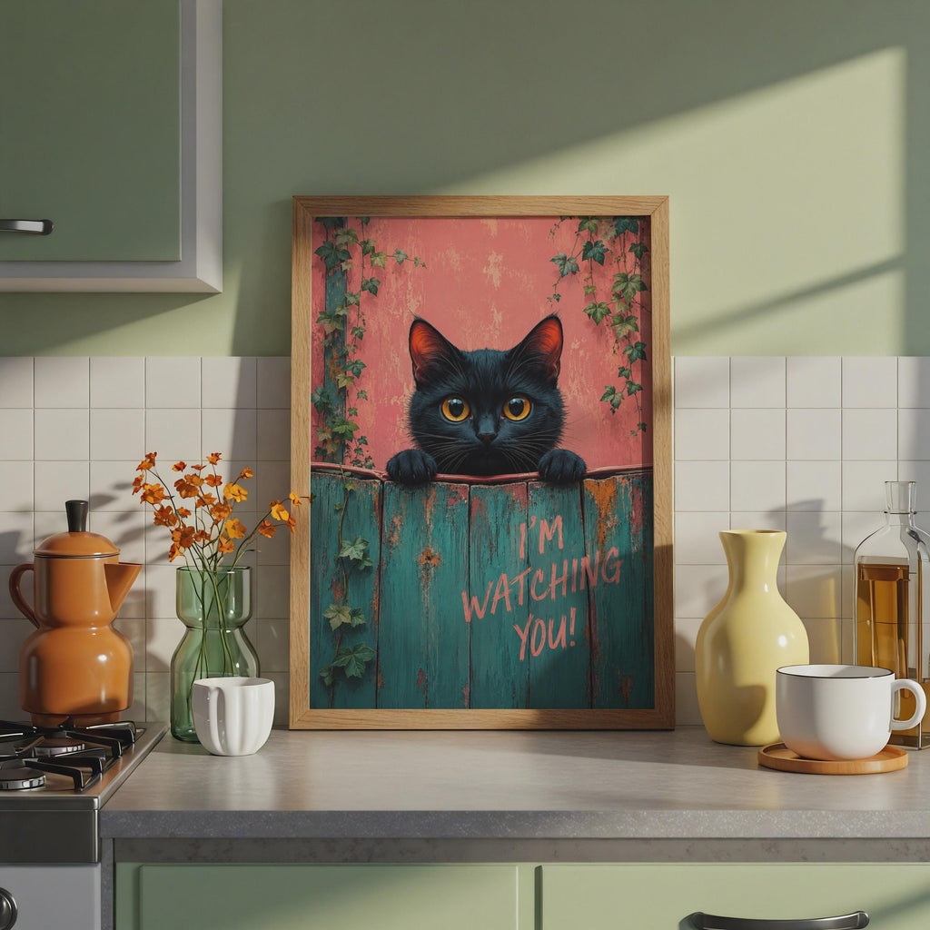 Black Cat Poster, Teal Pink Fence Art, Quirky Animal Wall Decor