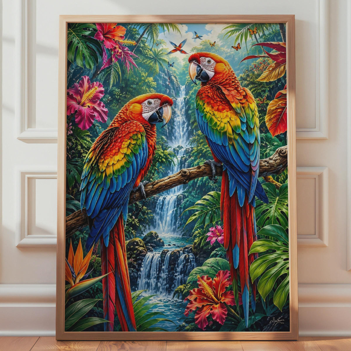 Scarlet Macaw Parrots Rainforest Waterfall Print, Tropical Wildlife Wall Art